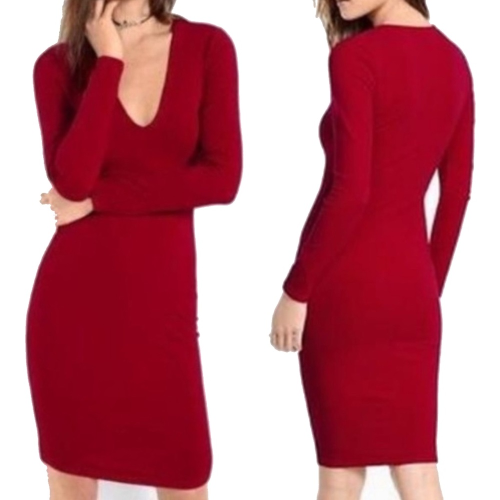EXPRESS Deep Red V-Neck Midi Dress S NWT